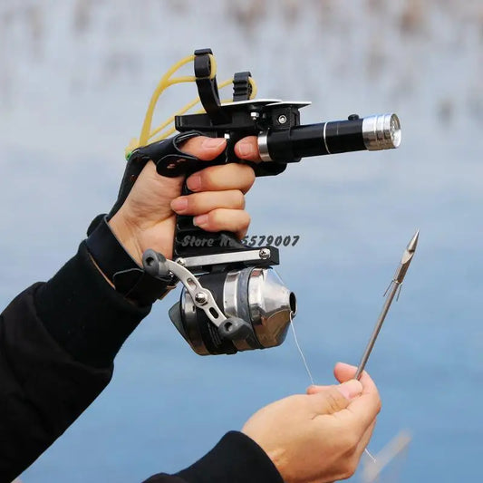 Big Power Fishing Set Slingshot Hunting Catapult Suit Outdoor Shooting Fishing Reel + Darts Protective Gloves Flashlight Tools