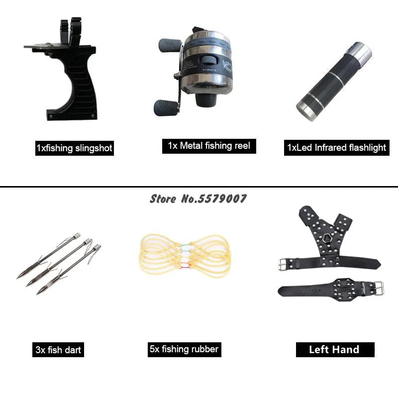 Big Power Fishing Set Slingshot Hunting Catapult Suit Outdoor Shooting Fishing Reel + Darts Protective Gloves Flashlight Tools