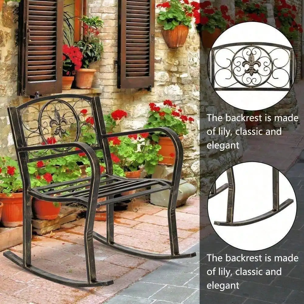 Indoor/Outdoor Rocking Chair Wrought Iron Porch Patio Relax Seat Metal Furniture