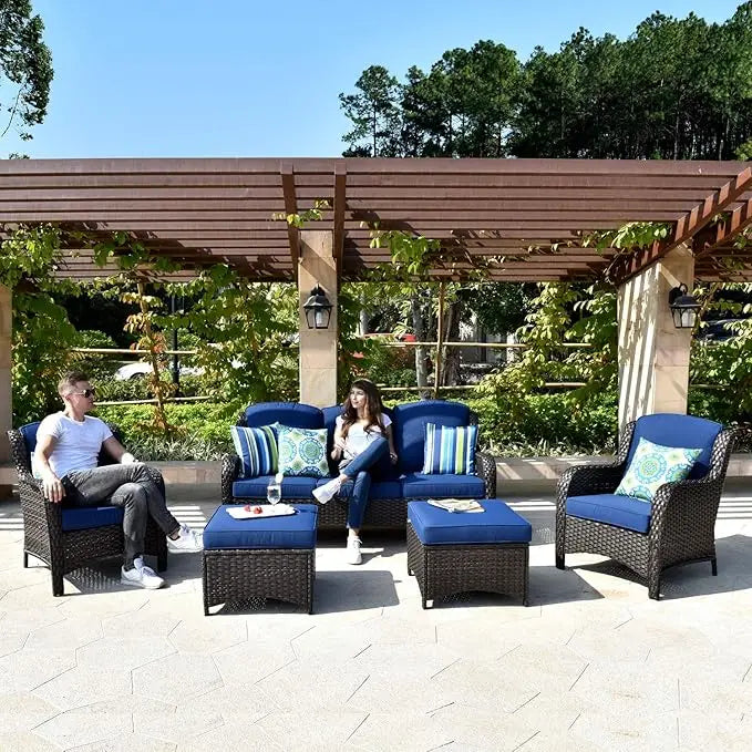 Patio Furniture Sets Outdoor Furniture Conversation Set 5 Pieces All Weather Wicker High Back Sofa with Ottomans, Outdoor Sofa