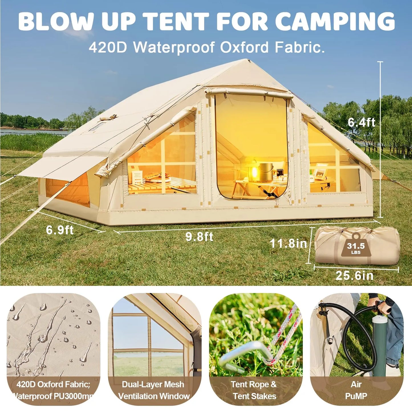 4-6 People Inflatable Tent with Pump Portable Blow Up Tent Easy Set-up Air Tent，4 Season Inflatable Tents for Camping