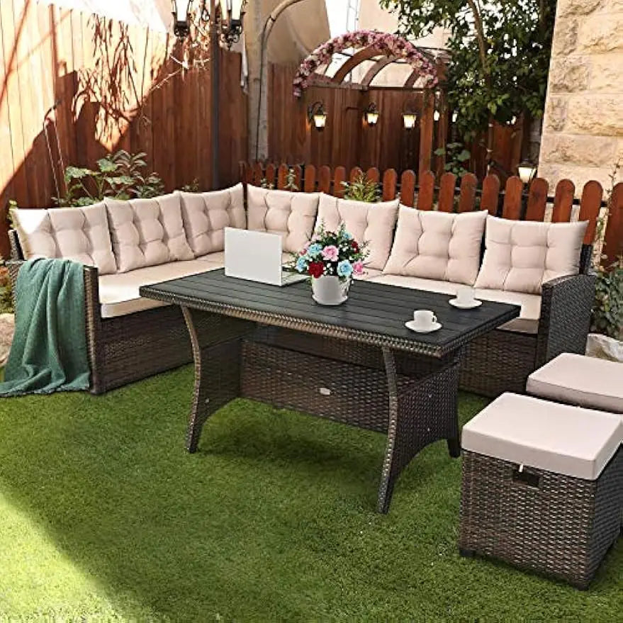 5 PCS Patio Furniture Set Outdoor Conversation Set with 6 Cushioned Seat 2 Ottomans Coffee Table All Weather Wicker Dining Table