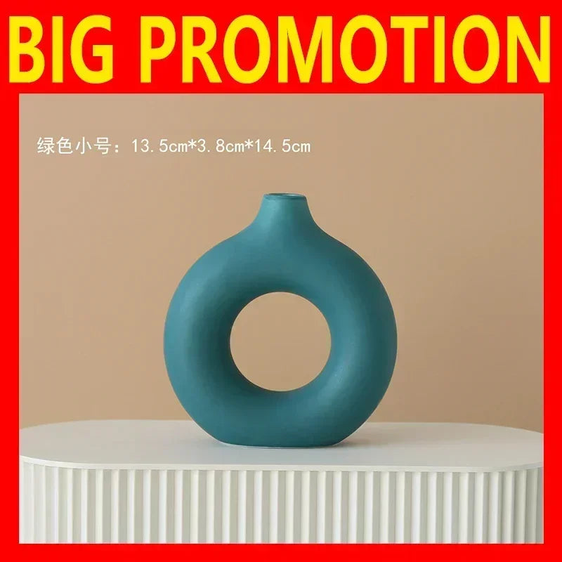 Nordic Vase Circular Hollow Ceramic Flower Vase for Home Living Room Decoration Accessories Interior Office Desktop Decor Gift