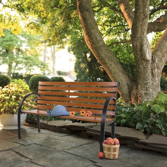 48" Hardwood Slotted Steel Cast Iron Frame Outdoor Patio Garden Bench Park Seat Classic Design, Blend Perfectly With Nature