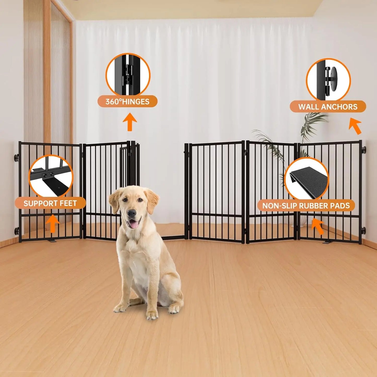 Full Metal Freestanding Dog Gate With Door, 32''Height Foldable Pet Dog Fence For Indoor & Outdoor, 6 Panels Extra Wide Free