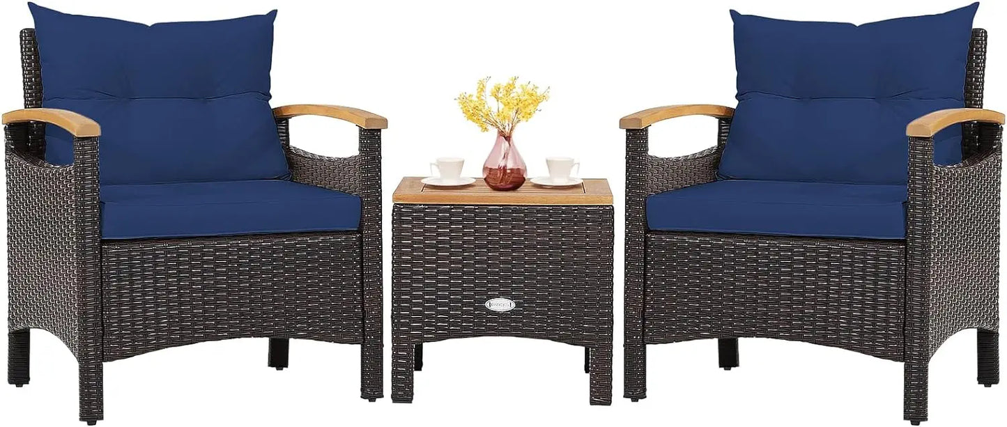 3-Piece Patio Furniture Set, Patiojoy Outdoor Rattan Sofa Set with Coffee Table, Patio Conversation Set with Removable Cushion