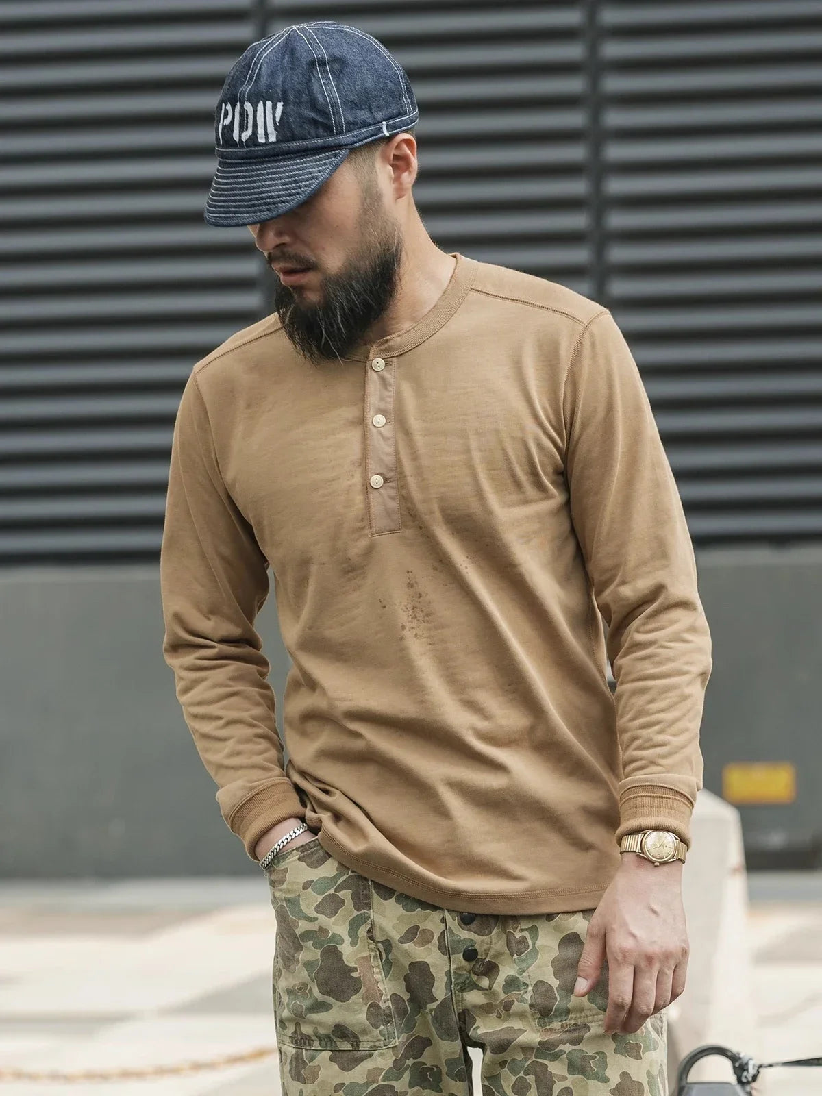 Bronson 350g Heavyweight L/S Henley Shirt Vintage Plain Base T-Shirt For Men