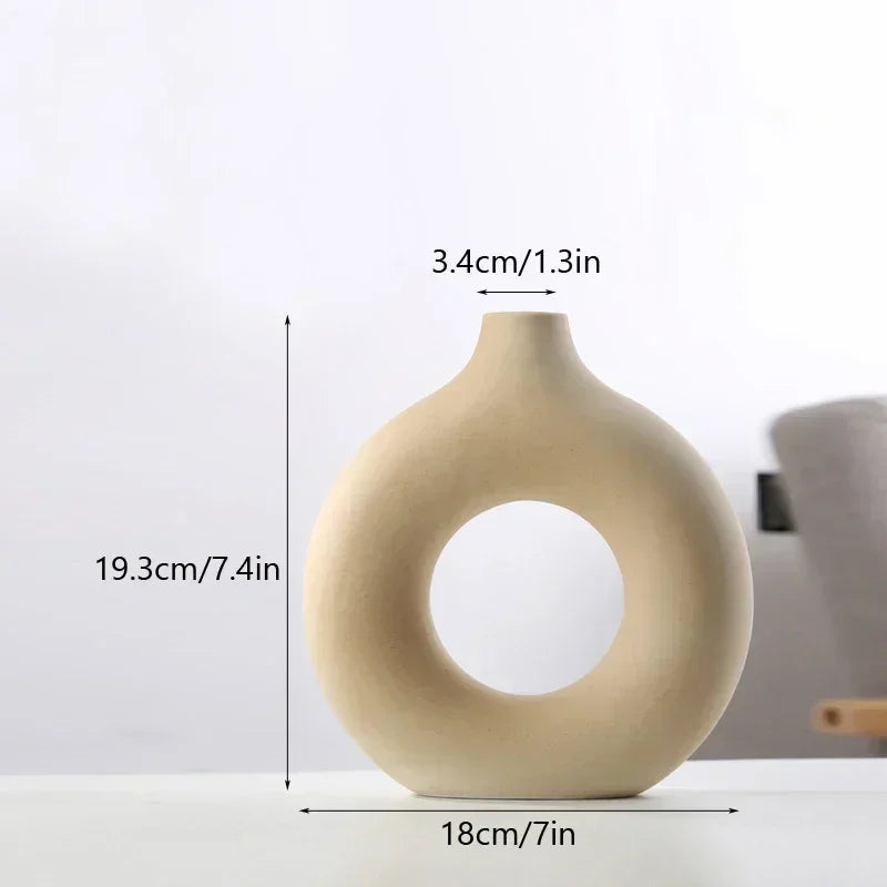 Nordic Vase Circular Hollow Ceramic Flower Vase for Home Living Room Decoration Accessories Interior Office Desktop Decor Gift