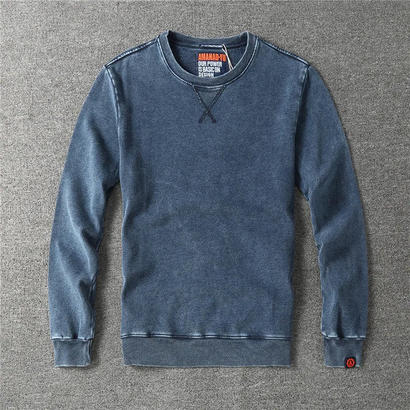 Autumn New American Retro Denim Knitted Sweatshirts Men's Simple 100% Cotton Heavy Washed Old Casual Youth Pullover Sportwear