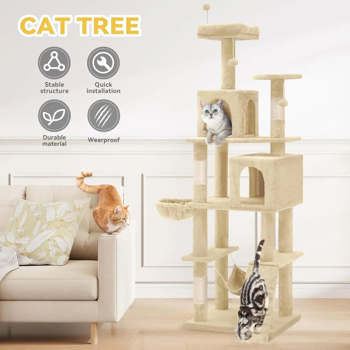 75-inch Indoor Cat Tree Tower, Multi-Level Pet Playground, Cat Furniture With Scratch Posts, Hideaway Condos, Soft Perch|