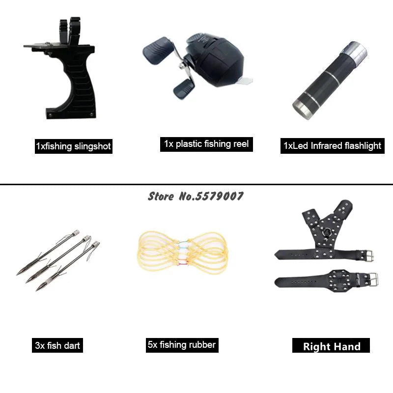 Big Power Fishing Set Slingshot Hunting Catapult Suit Outdoor Shooting Fishing Reel + Darts Protective Gloves Flashlight Tools