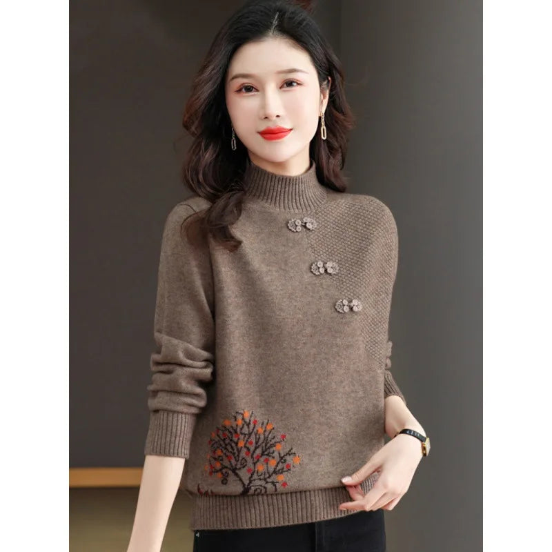 Vintage Woolen Half-neck Pullover In Autumn And Winter New Cashmere Sweater Women's Casual Knit Top Warm Bottoming Pull Tops