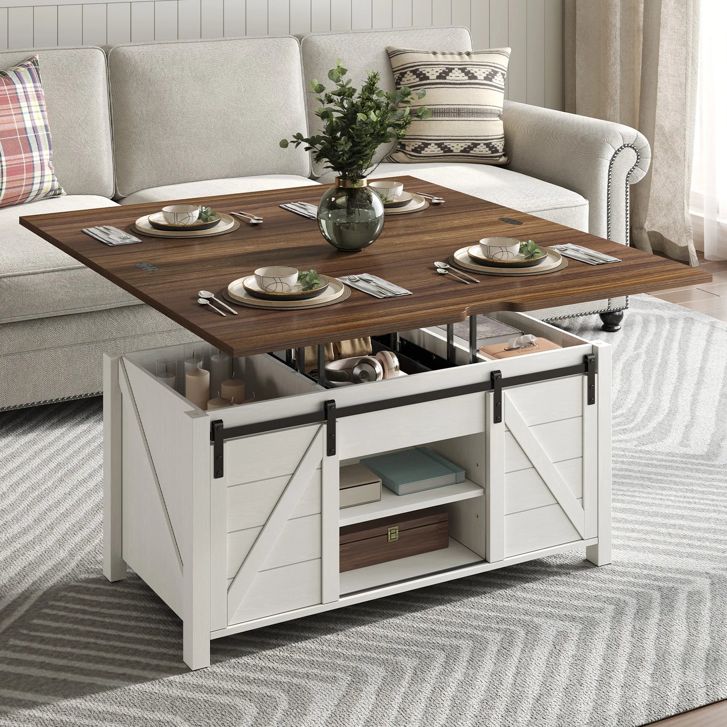 Farmhouse Lift Top Coffee Table with Sliding Barn Door,Rustic Center Table with Hidden Storage Compartment,Storage Coffee Table