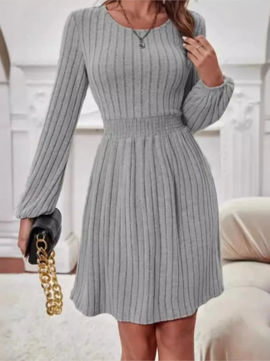 Spring Autumn Women's New Style Pit Bar Round Neck Fashionable Small Lantern Cuffs Pulling Back Waist A-line Medium Length Dress