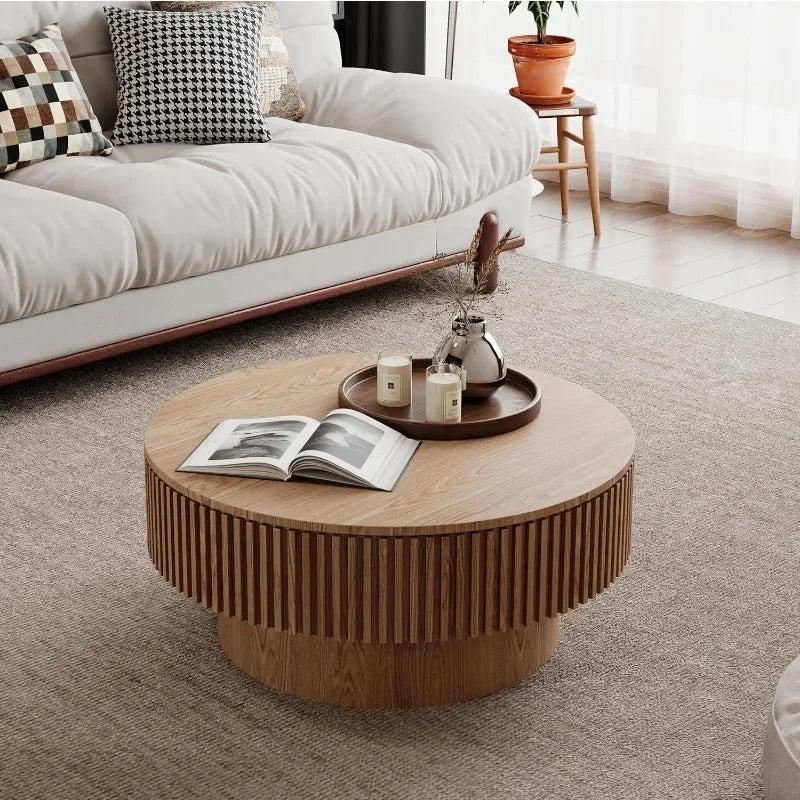 Round Coffee Table with Storage, 31.5" Modern Solid Wood Veneered Drum Coffee Table Circle Wood Table Side Table