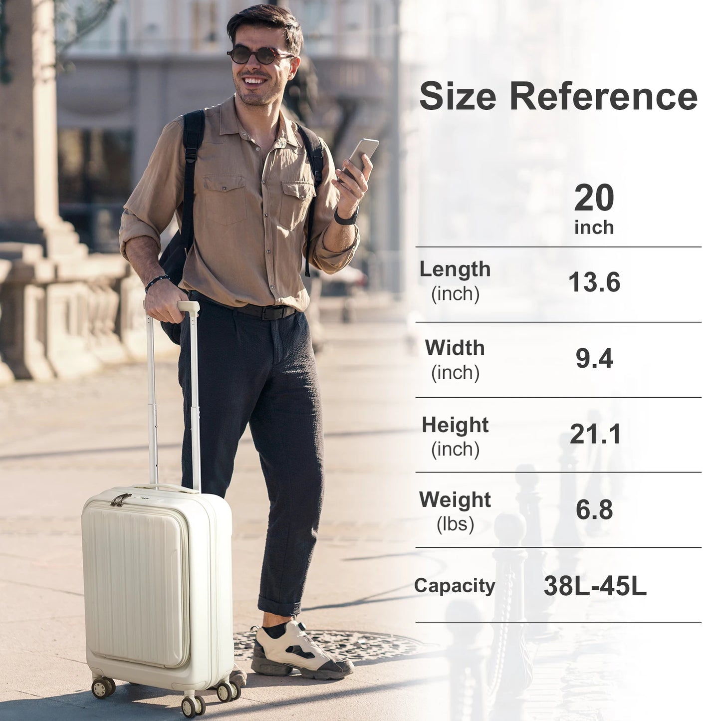 22 ×14 × 9 Airline Approved with USB Port, ABS+PC 20 Inch Luggage with Front Compartment, Double Spinner Wheels, TSA Lock White
