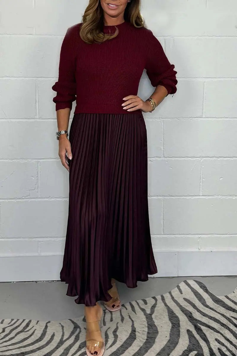 Women's solid color Long Sleeve Jumper Pleated Bottom Dress S-3XL Elegant and stylish pleat dresses with round neck for women