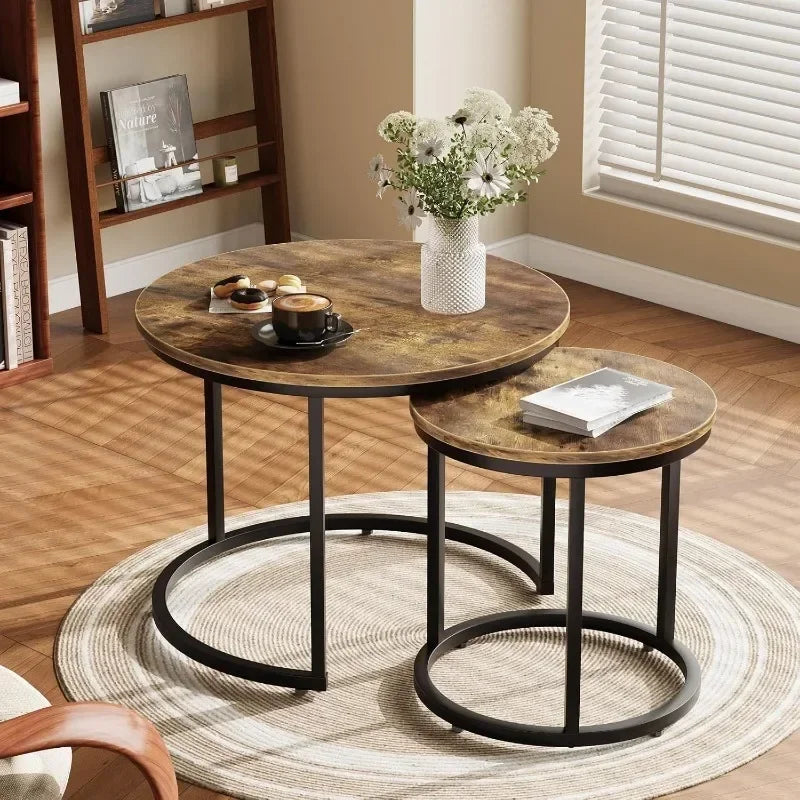 Nesting Coffee Table Set of 2, 23.6" Round Coffee Table Rustic Wood Top with Adjustable Non-Slip Feet, Industrial End Table