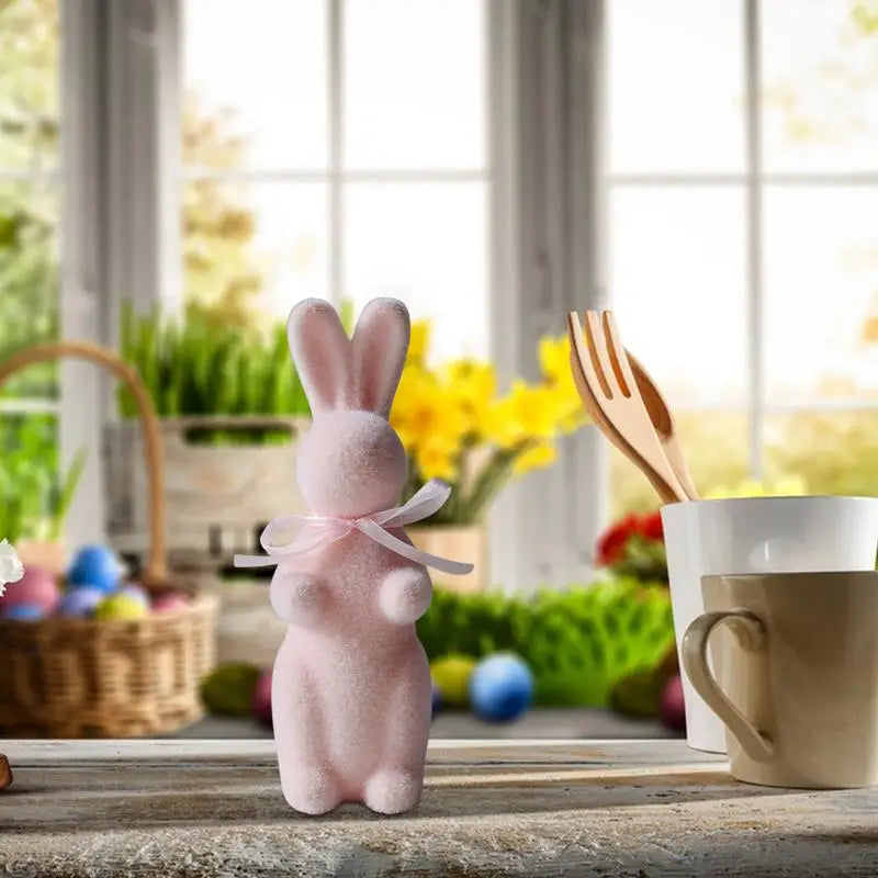 Flocked Bunny Figurine Flocked Tabletop Bunny Sculpture Decor Rabbit Shape Decoration Tool For Cupboard Bookshelf Fireplace