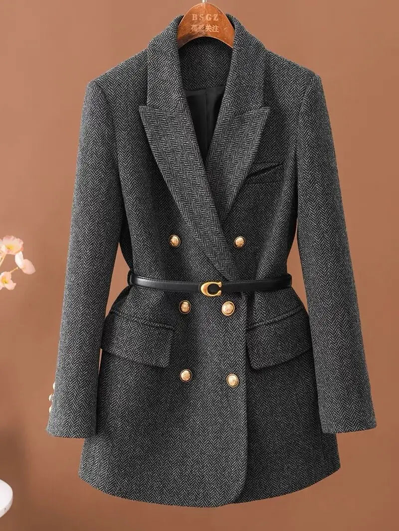 Comes With Belt A Vintage Wool Jacket For Women Autumn And Winter 2024 New Popular Seasonal Green Temperament Top Female Blazer