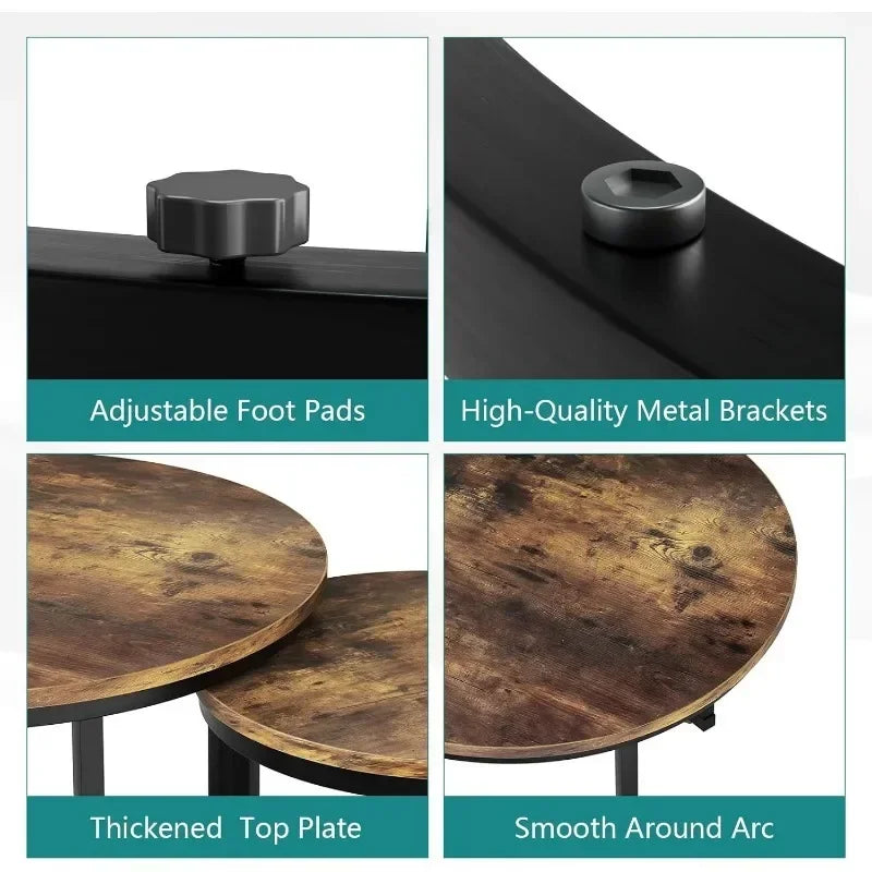 Nesting Coffee Table Set of 2, 23.6" Round Coffee Table Rustic Wood Top with Adjustable Non-Slip Feet, Industrial End Table