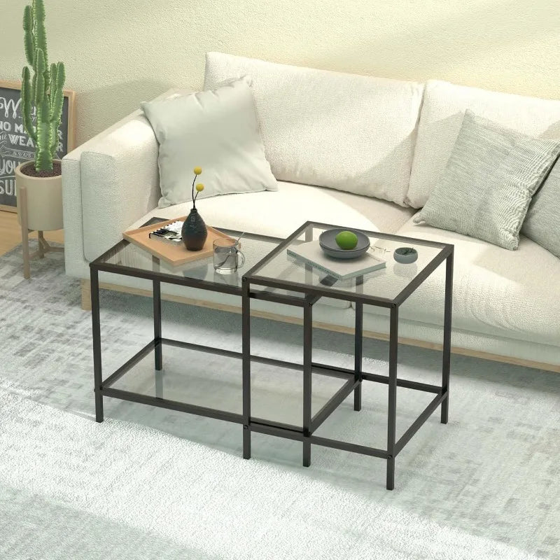 Nesting Coffee Table,Small Glass Coffee Table Set of 2, Modern Square Sofa Side Tea Table Black，Gold