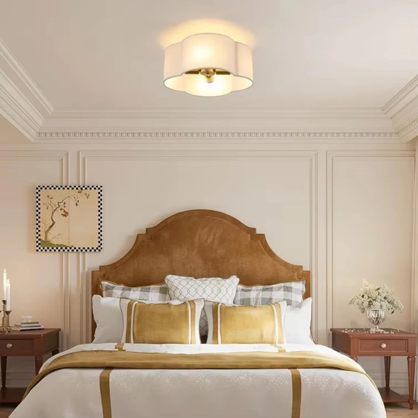 Semi Flush Mount Ceiling Light, Gold Drum Light Fixture with Cream White Fabric, Farmhouse Ceiling Lights Fixtures for Bedroom N