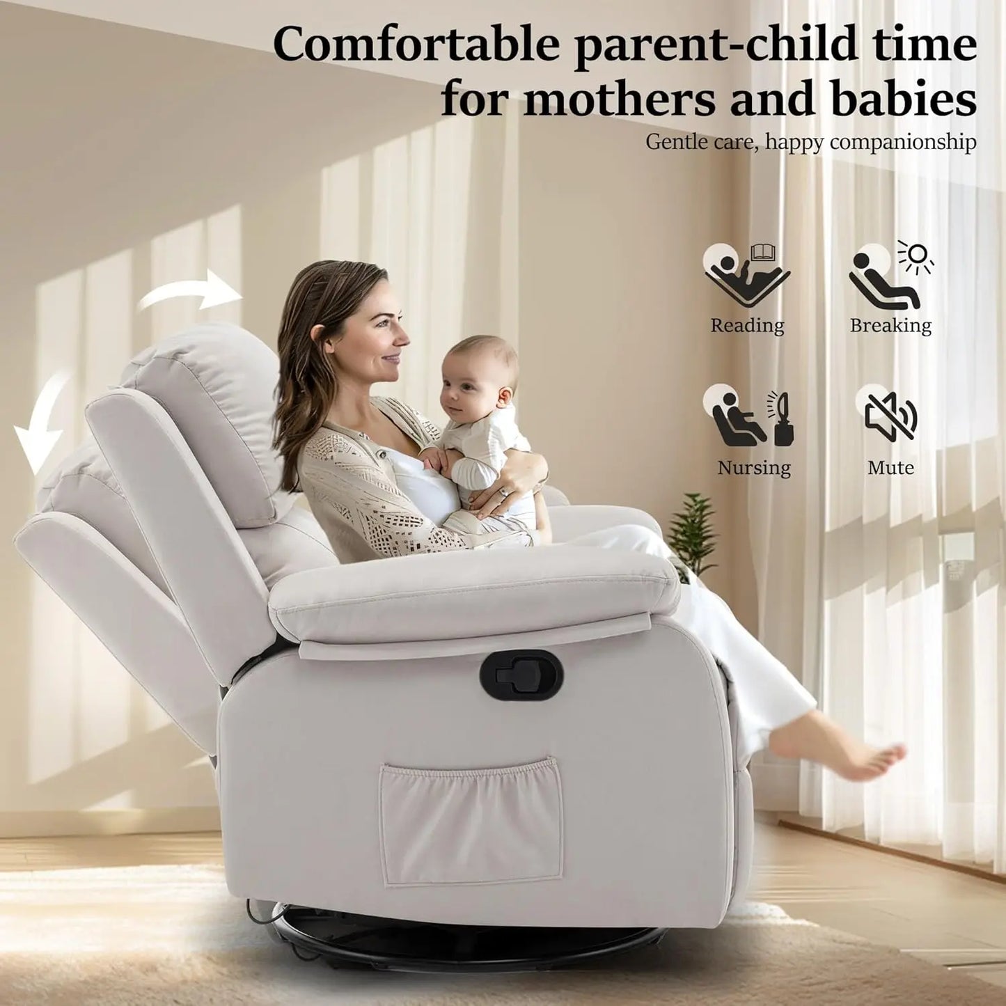 Recliner Chair, 360 Swivel Rocker Chair for Adults, Small Rocking Recliner Chair for Small Spaces, Upholstered Fabric Glider