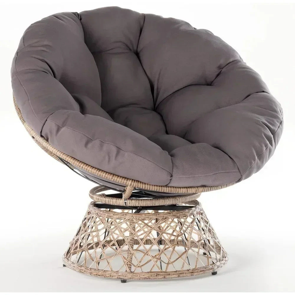 Ergonomic Wicker Papasan Chair with Soft Thick Density Fabric Cushion, High Capacity Steel Frame, 360 Degree Swivel, Room Chairs
