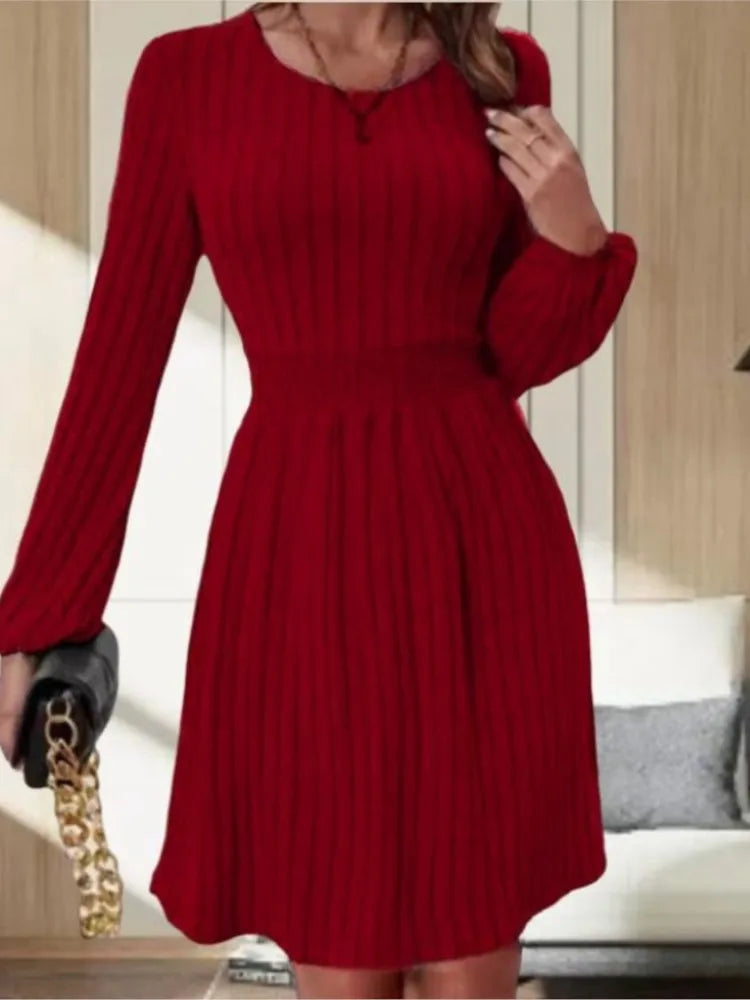 Spring Autumn Women's New Style Pit Bar Round Neck Fashionable Small Lantern Cuffs Pulling Back Waist A-line Medium Length Dress