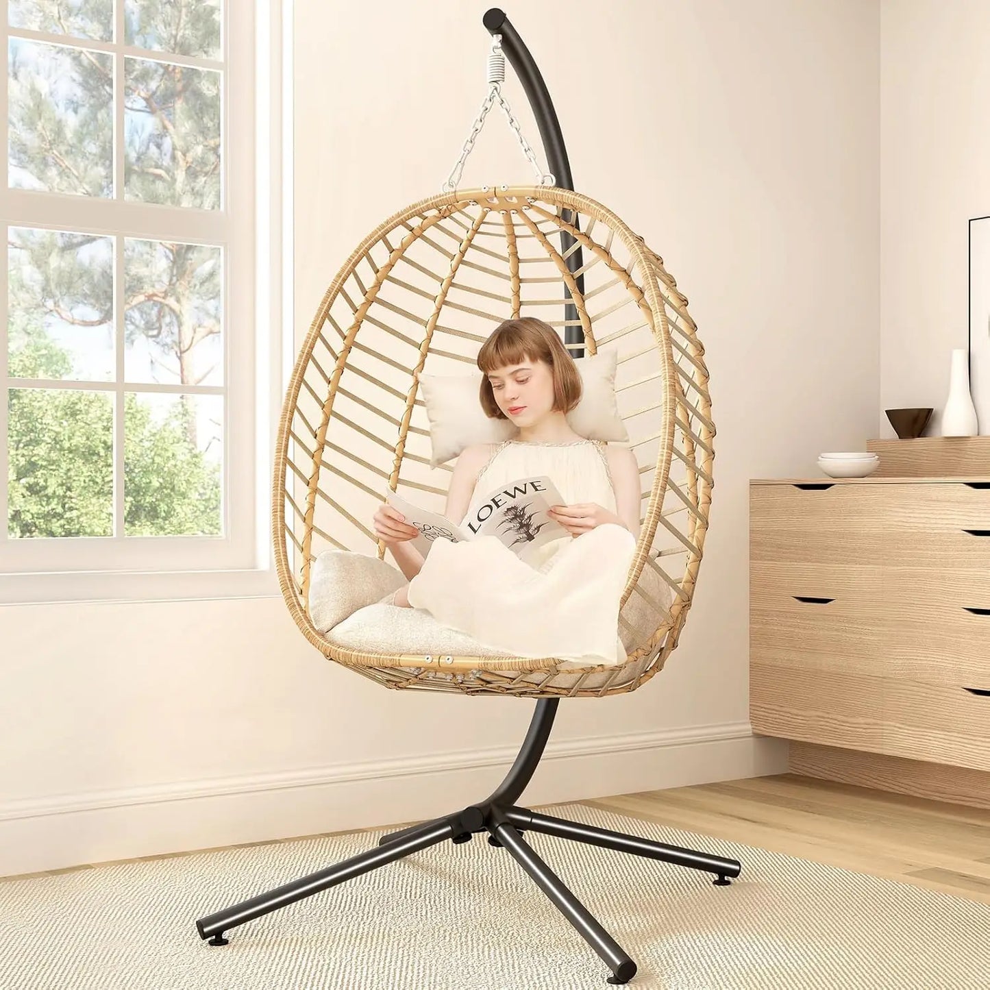 Egg Swing Chair with Stand, Outdoor Hanging Egg Chair with Stand, Indoor Eggs Chair with Cushion, Patio Wicker Swing Eggs