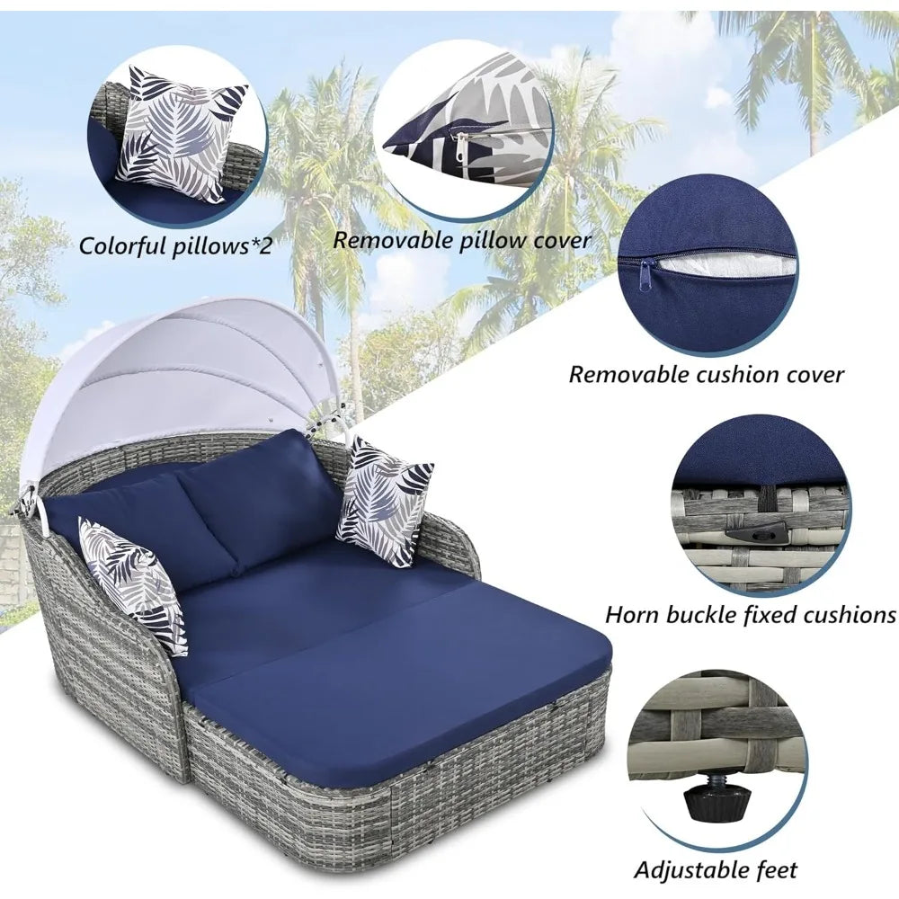 Outdoor Patio Sunbed Daybed with Adjustable Canopy,PE Wicker Rattan Daybed Double Chaise Lounger with Cushions