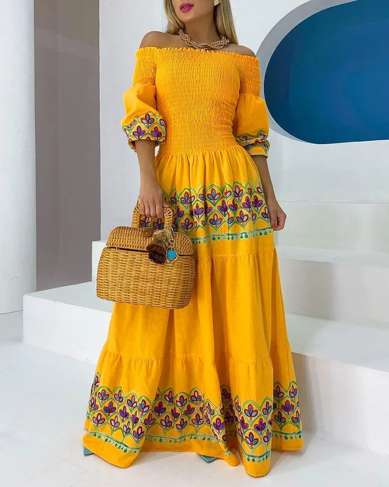 Women Long Loose Maxi New Summer High Waist Strap Type Loose Yellow Ethnic Print Long Group Dress