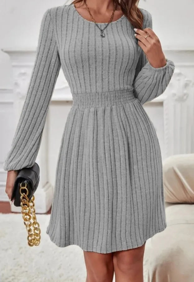 Spring Autumn Women's New Style Pit Bar Round Neck Fashionable Small Lantern Cuffs Pulling Back Waist A-line Medium Length Dress