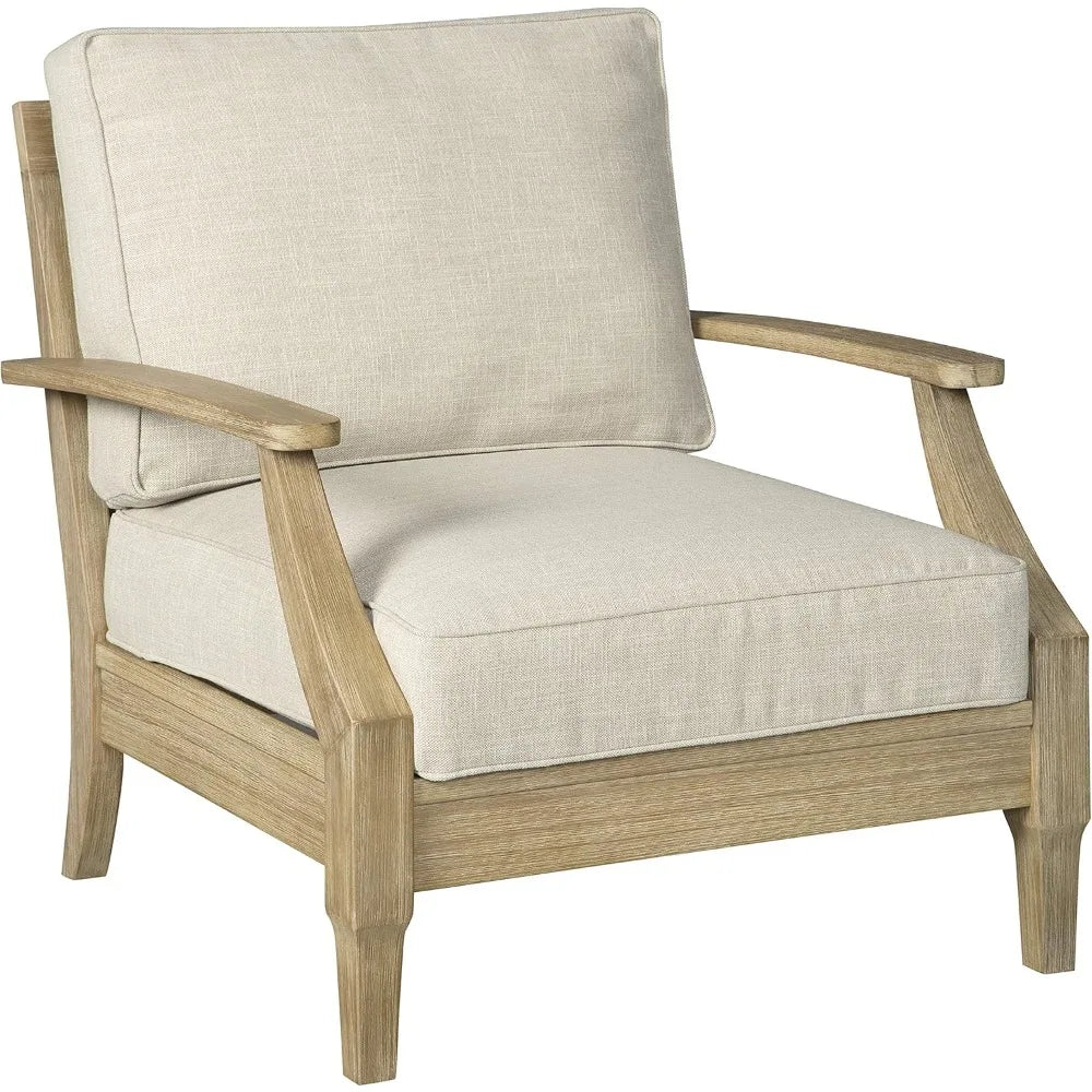 Outdoor Eucalyptus Wood Single Cushioned Lounge Chair for Patio, 30"D x 35"W x 37"H,Beige