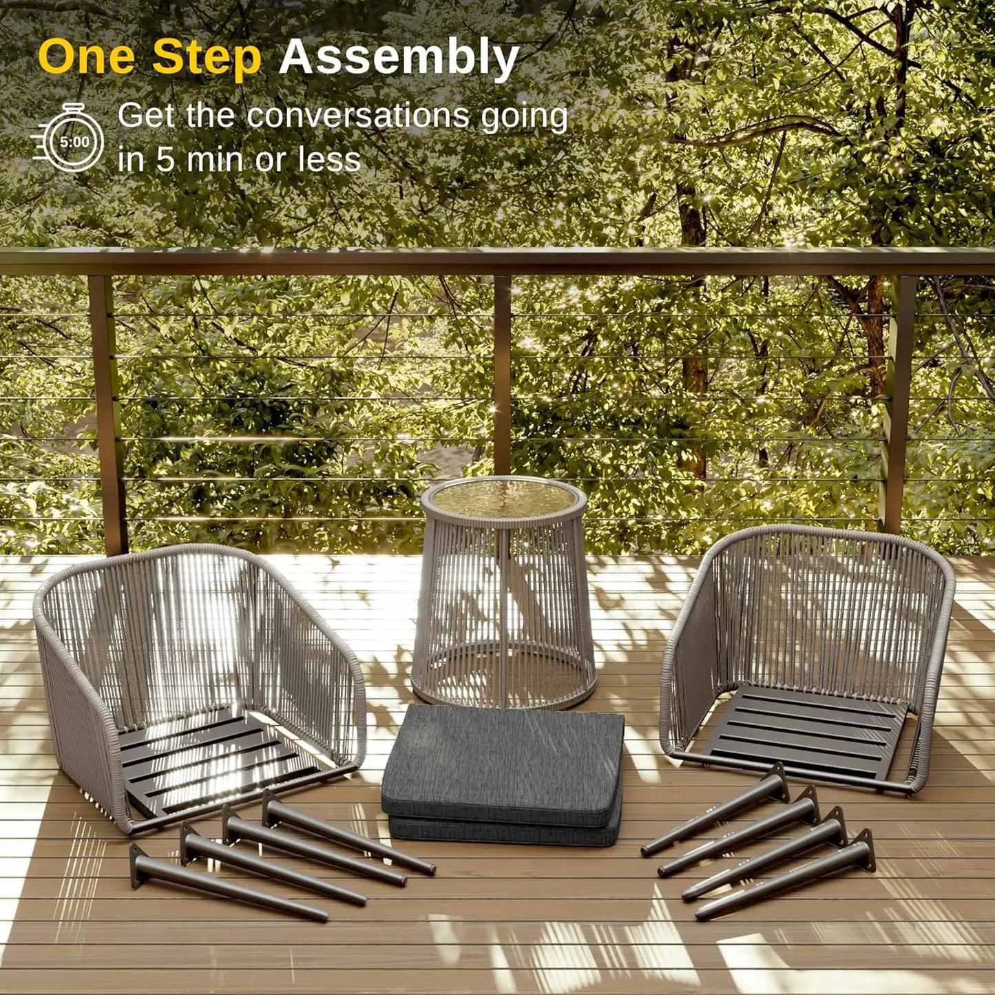 Patio Furniture Set, 3-Piece Outside Bistro Set Handwoven Rattan Wicker Chairs w/ Waterproof Cushions, Tempered Glass Table USA