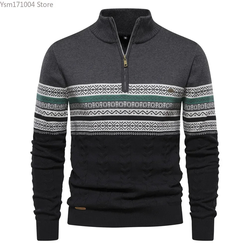 Men's Sweater Half High Neck High Elastic Tight and Warm Knitted Pullover Casual Fashion Street Striped Sweater Men Clothing