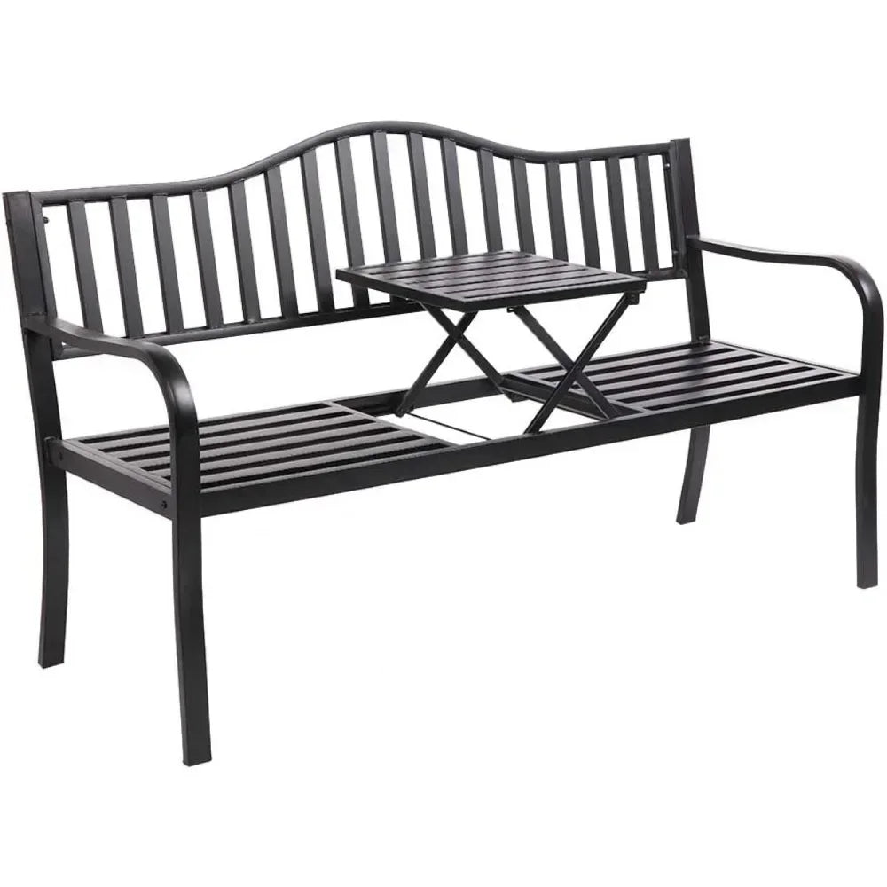 59" Outdoor Metal Bench Patio with Built in Table Park Garden, Outside es Weather Proof Front Porch