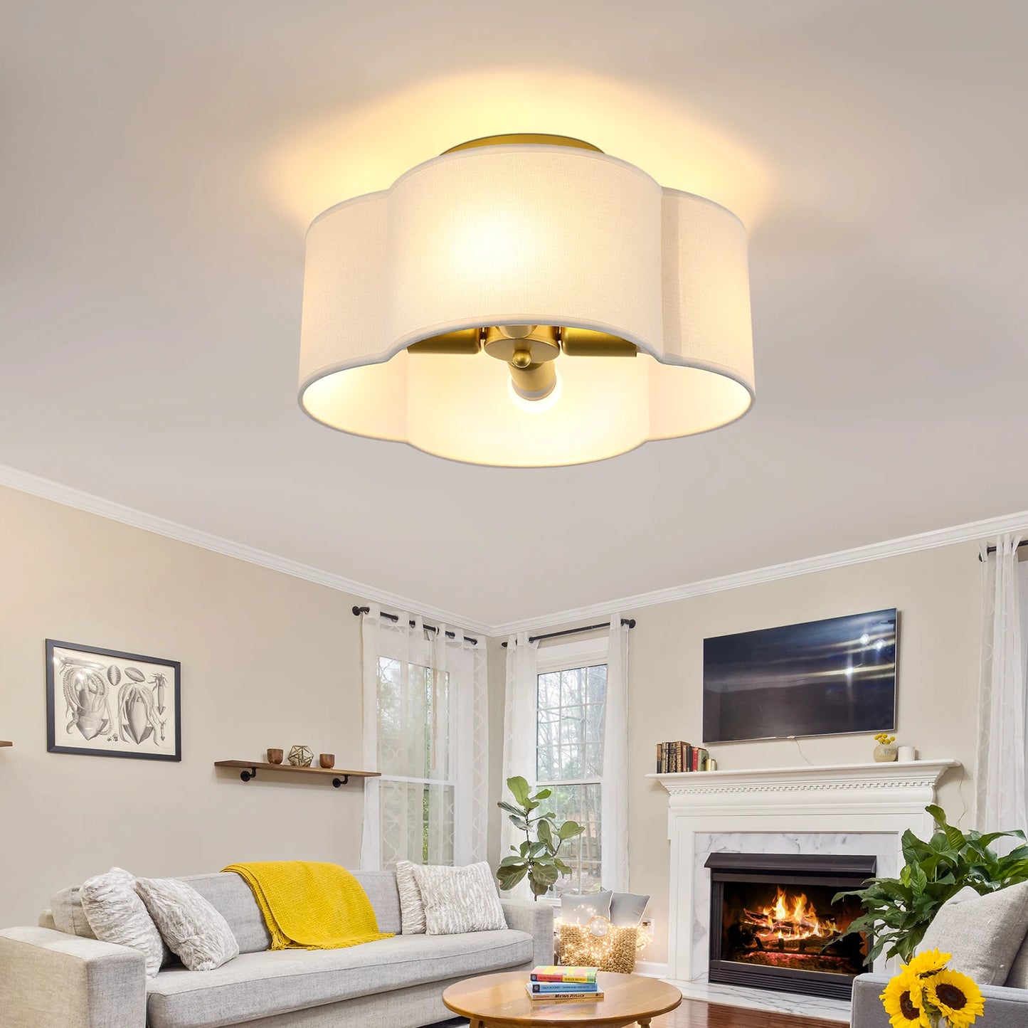 Semi Flush Mount Ceiling Light, Gold Drum Light Fixture with Cream White Fabric, Farmhouse Ceiling Lights Fixtures for Bedroom N