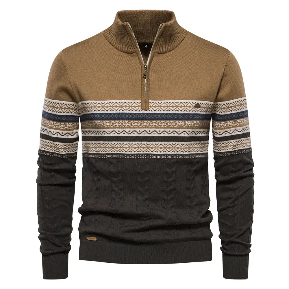 Men's Sweater Half High Neck High Elastic Tight and Warm Knitted Pullover Casual Fashion Street Striped Sweater Men Clothing