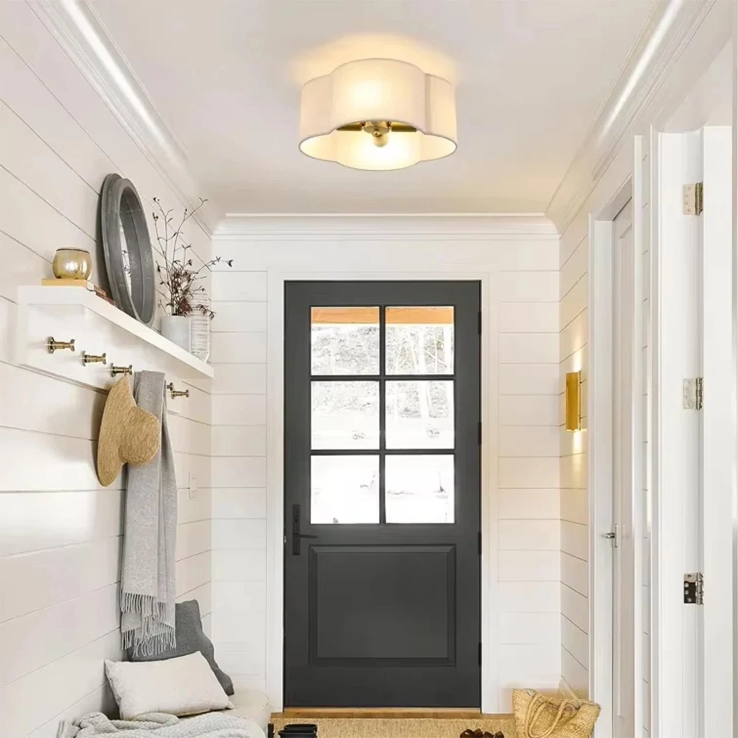Semi Flush Mount Ceiling Light, Gold Drum Light Fixture with Cream White Fabric, Farmhouse Ceiling Lights Fixtures for Bedroom N