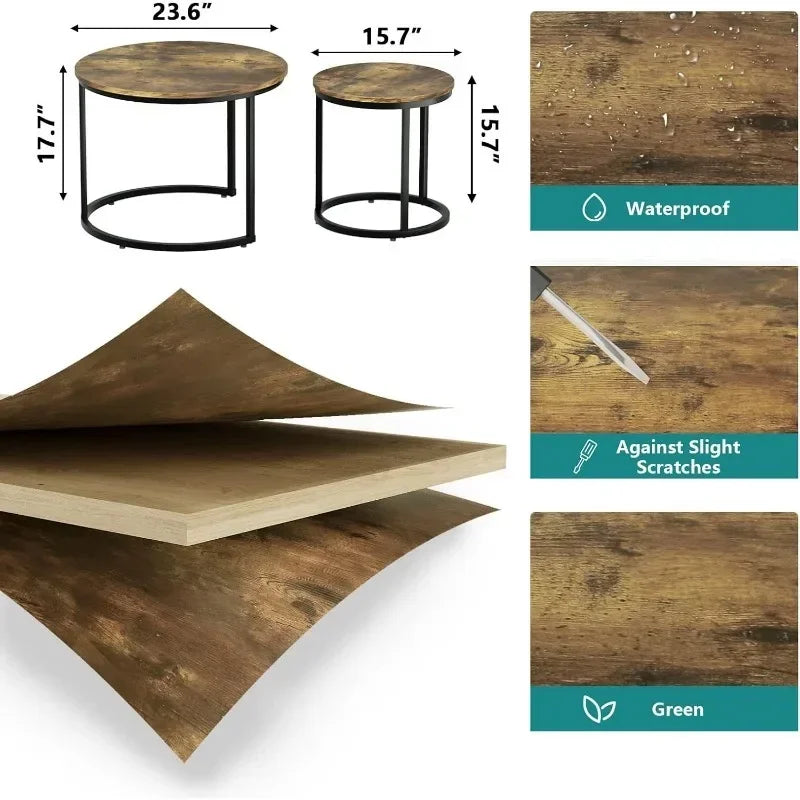 Nesting Coffee Table Set of 2, 23.6" Round Coffee Table Rustic Wood Top with Adjustable Non-Slip Feet, Industrial End Table