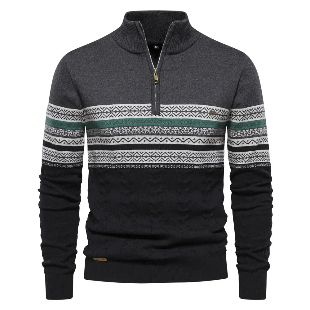 Men's Sweater Half High Neck High Elastic Tight and Warm Knitted Pullover Casual Fashion Street Striped Sweater Men Clothing