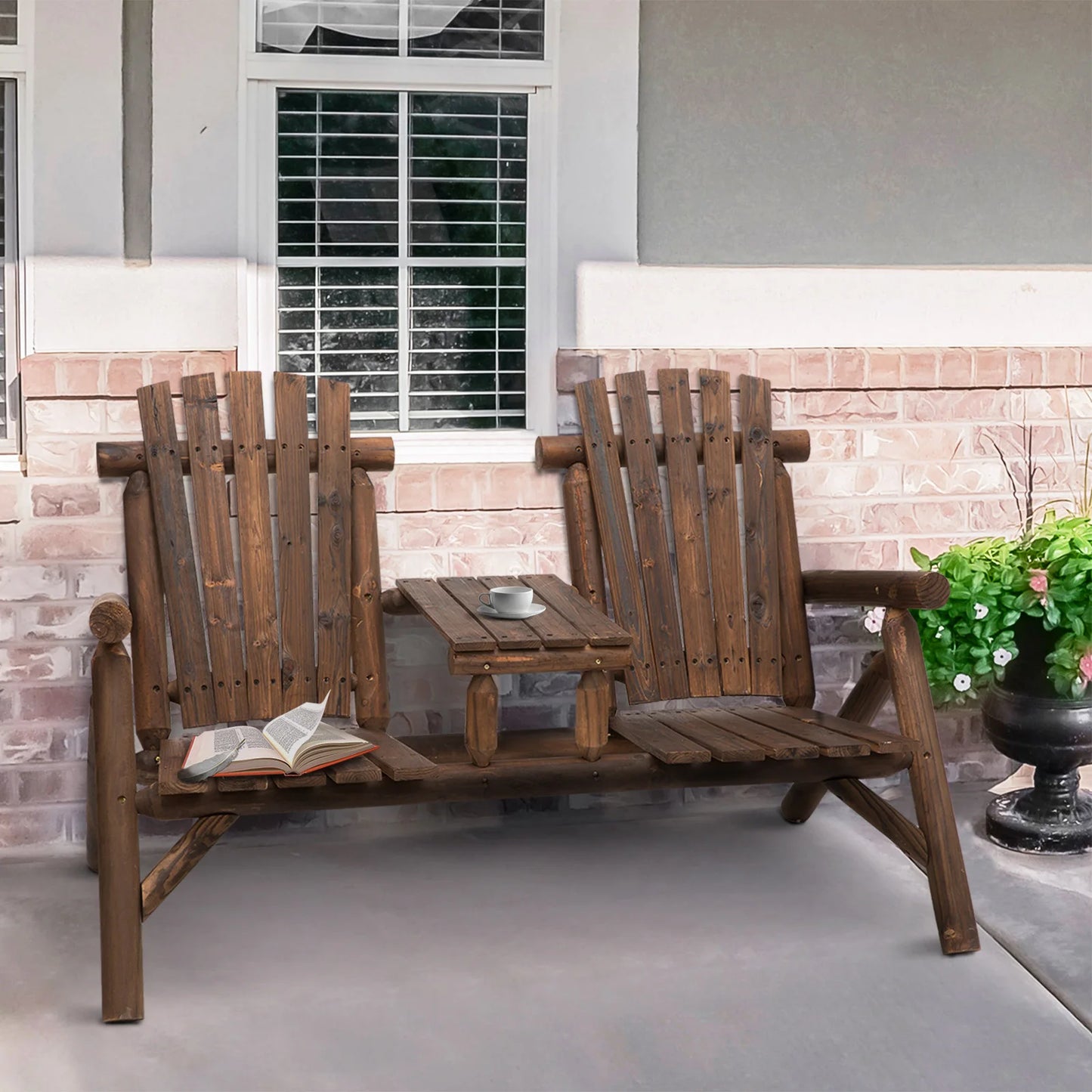 Outdoor Patio Adirondack Double Bench with Center Table, Carbonized