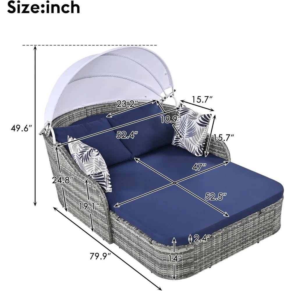 Outdoor Patio Sunbed Daybed with Adjustable Canopy,PE Wicker Rattan Daybed Double Chaise Lounger with Cushions