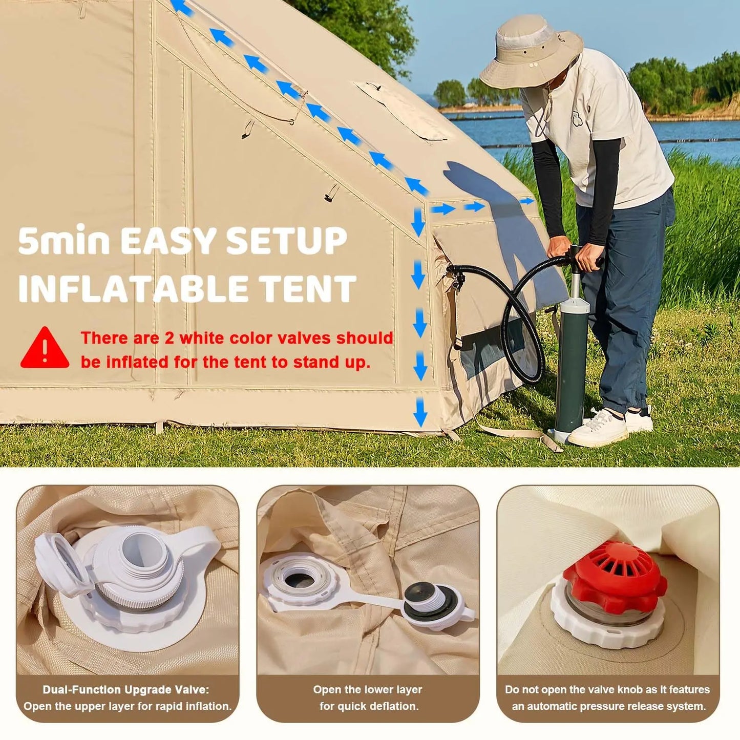 4-6 People Inflatable Tent with Pump Portable Blow Up Tent Easy Set-up Air Tent，4 Season Inflatable Tents for Camping