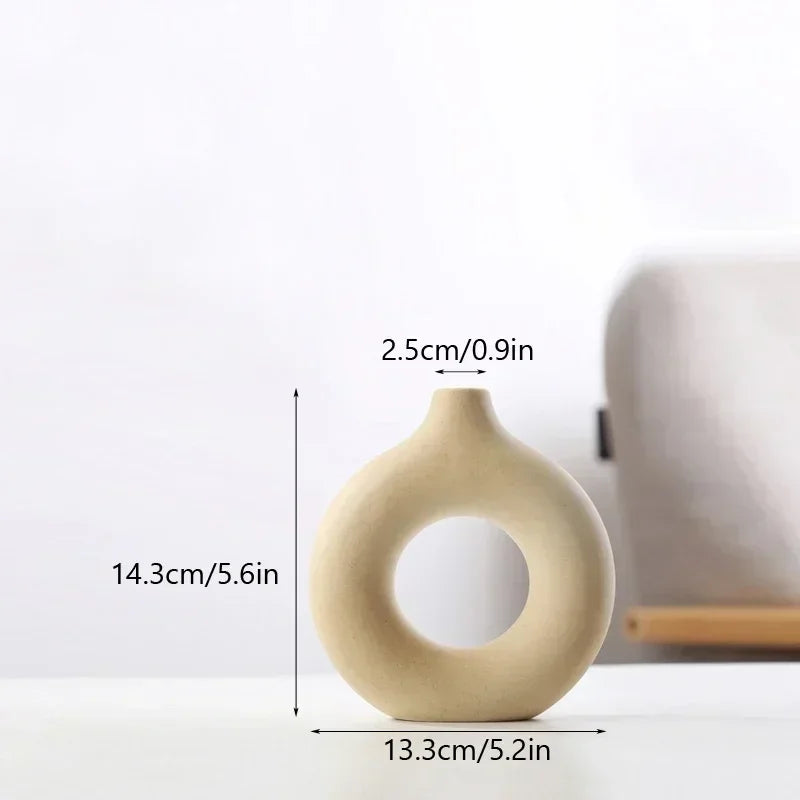 Nordic Vase Circular Hollow Ceramic Flower Vase for Home Living Room Decoration Accessories Interior Office Desktop Decor Gift