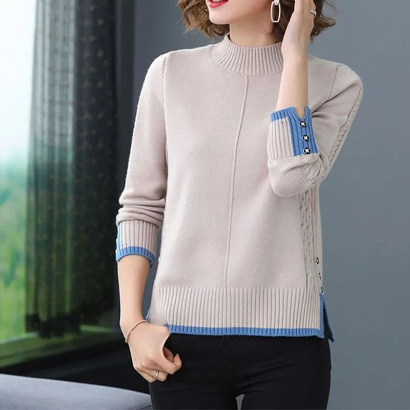 Spring Autumn Women Pullovers Korean Loose Solid Half Turtleneck Sweater Ladies Long Sleeve Jumper Tops Female Knitted Sweater