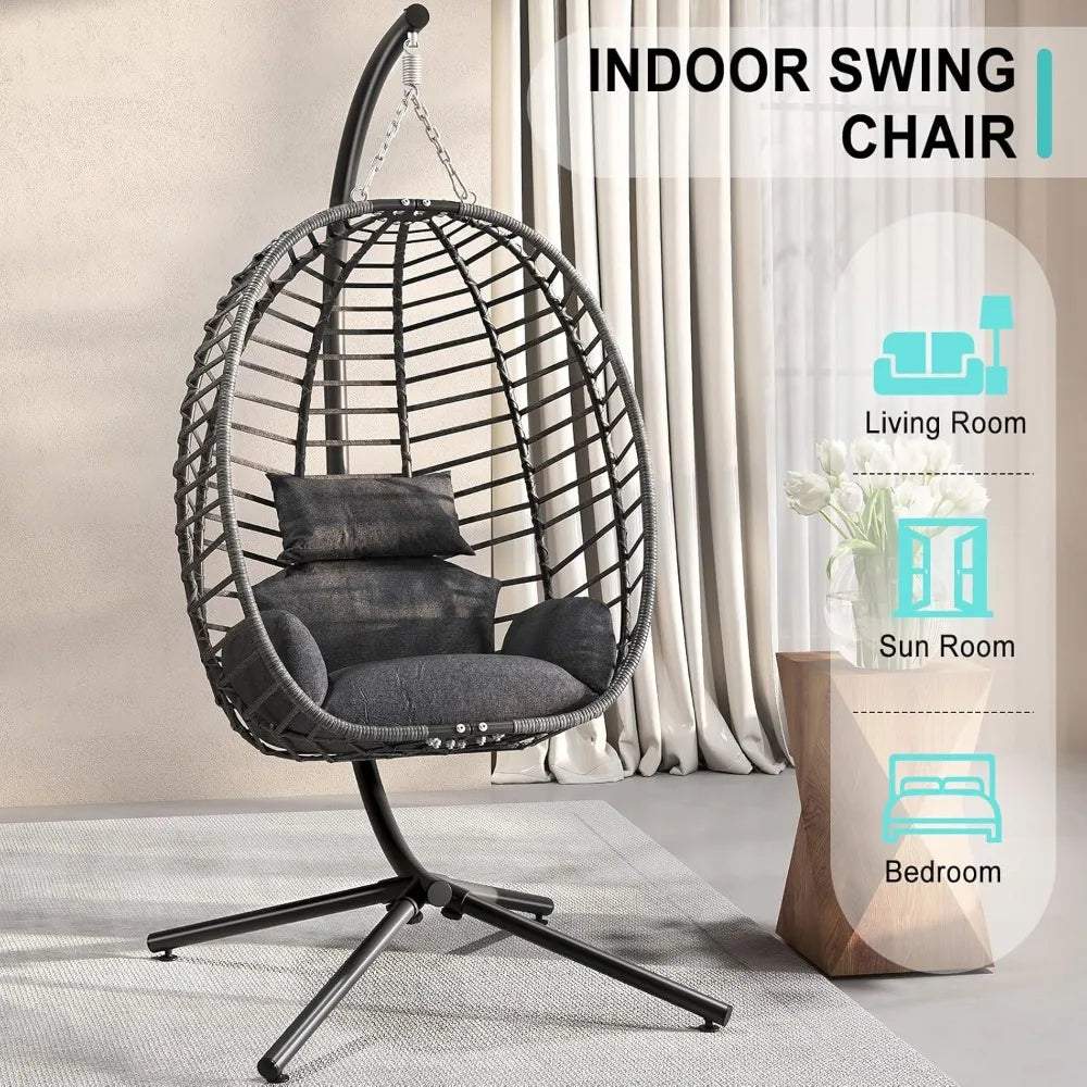 Egg Swing Chair with Stand, Outdoor Hanging Egg Chair with Stand, Indoor Eggs Chair with Cushion, Patio Wicker Swing Eggs