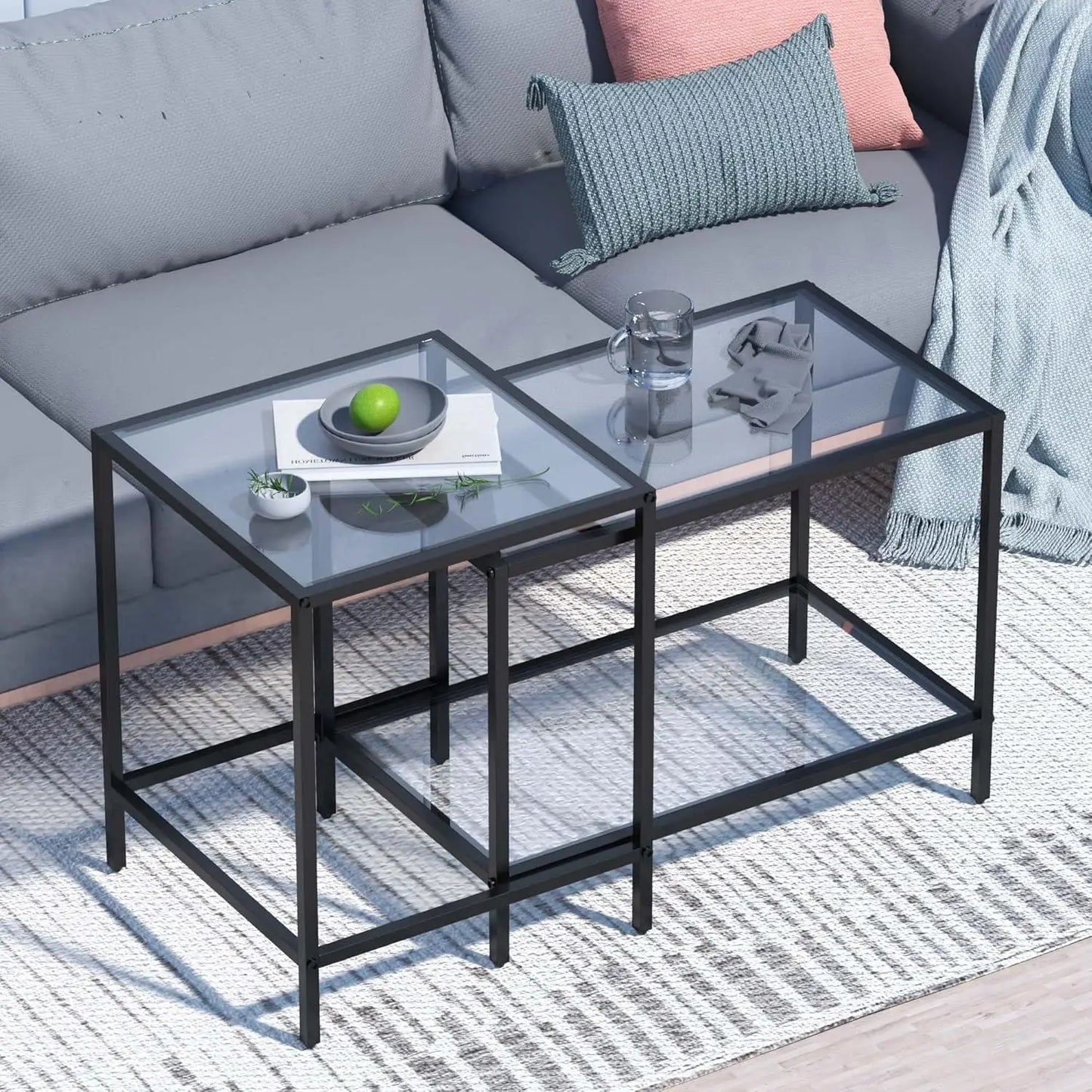 Nesting Coffee Table,Small Glass Coffee Table Set of 2, Modern Square Sofa Side Tea Table Black，Gold